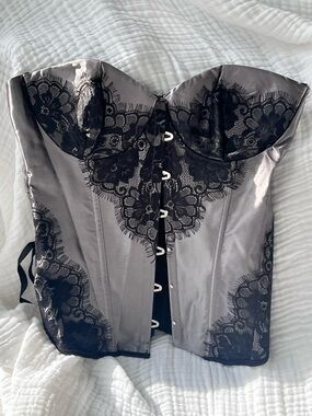 Y2K Silver Satin Corset Top Black Lace Bustier Hook Front Vintage Lingerie